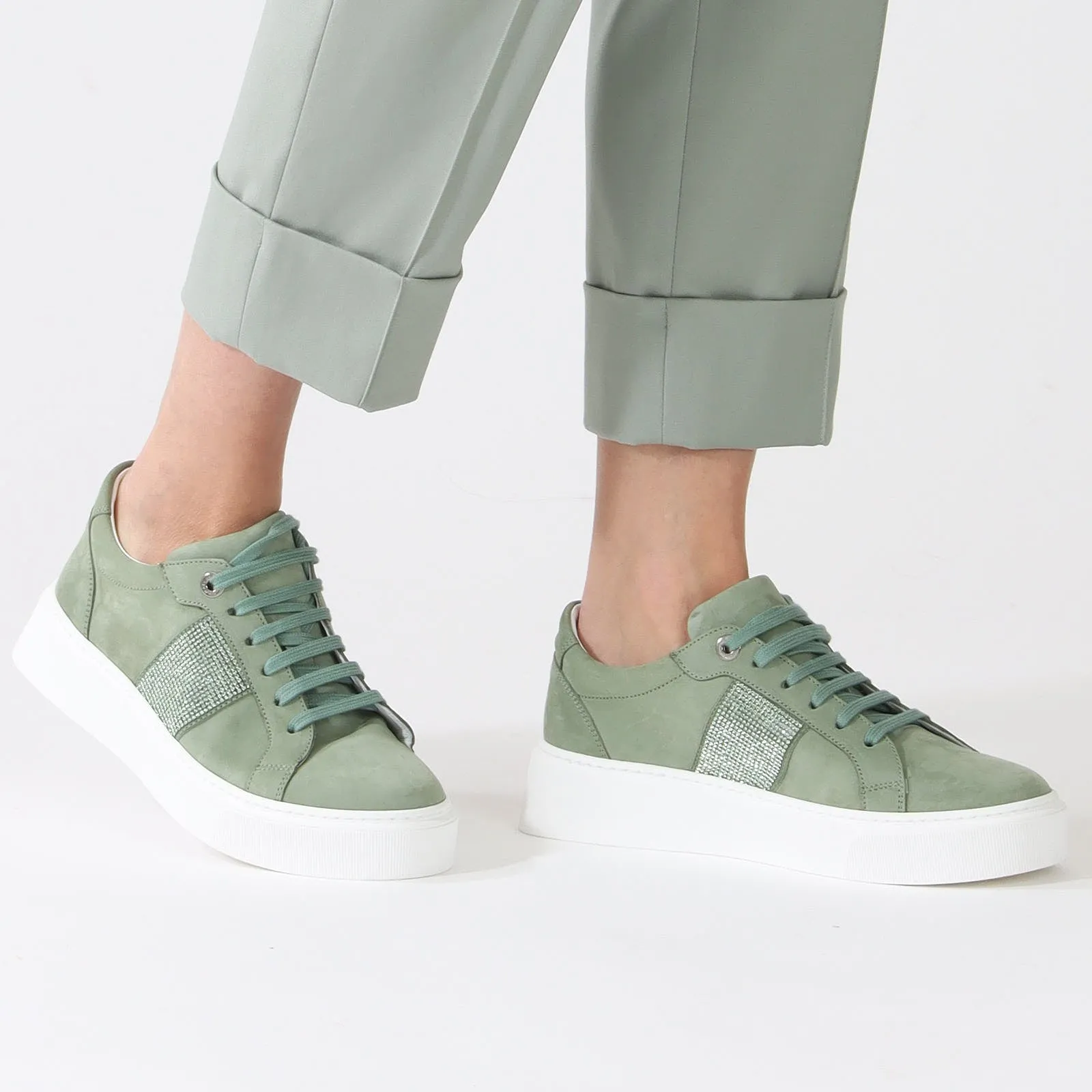 Frozen Sage  Sneakers With Rhinestone Stripe