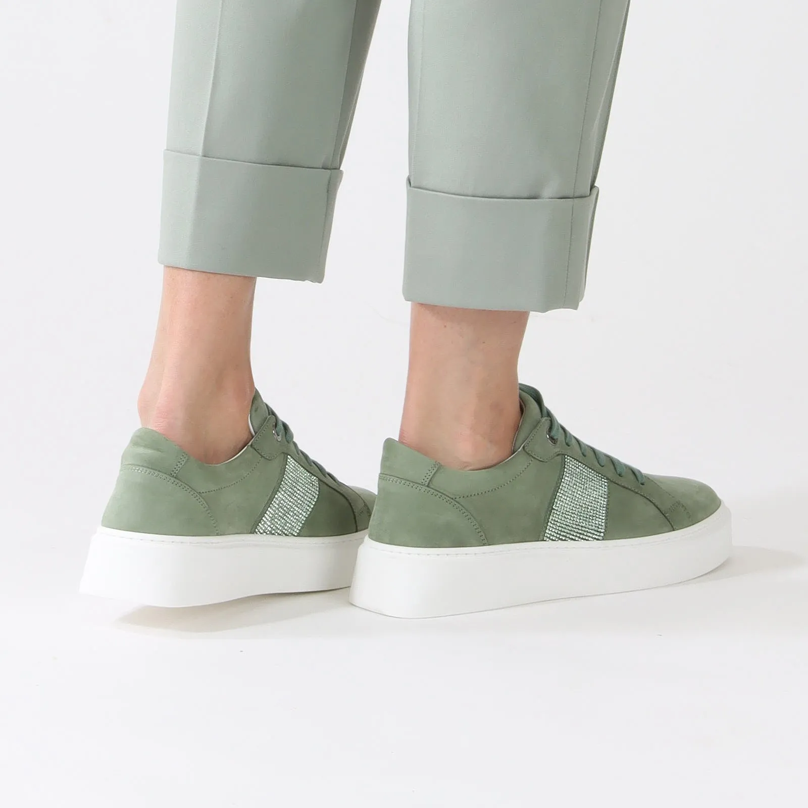 Frozen Sage  Sneakers With Rhinestone Stripe