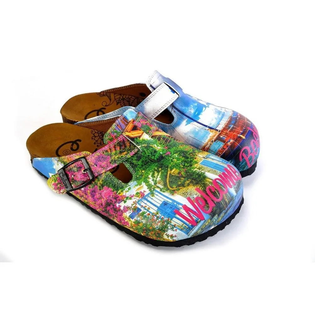 Green and Pink Colored and Flowered, Welcome Bodrum Written Patterned Clogs - WCAL368