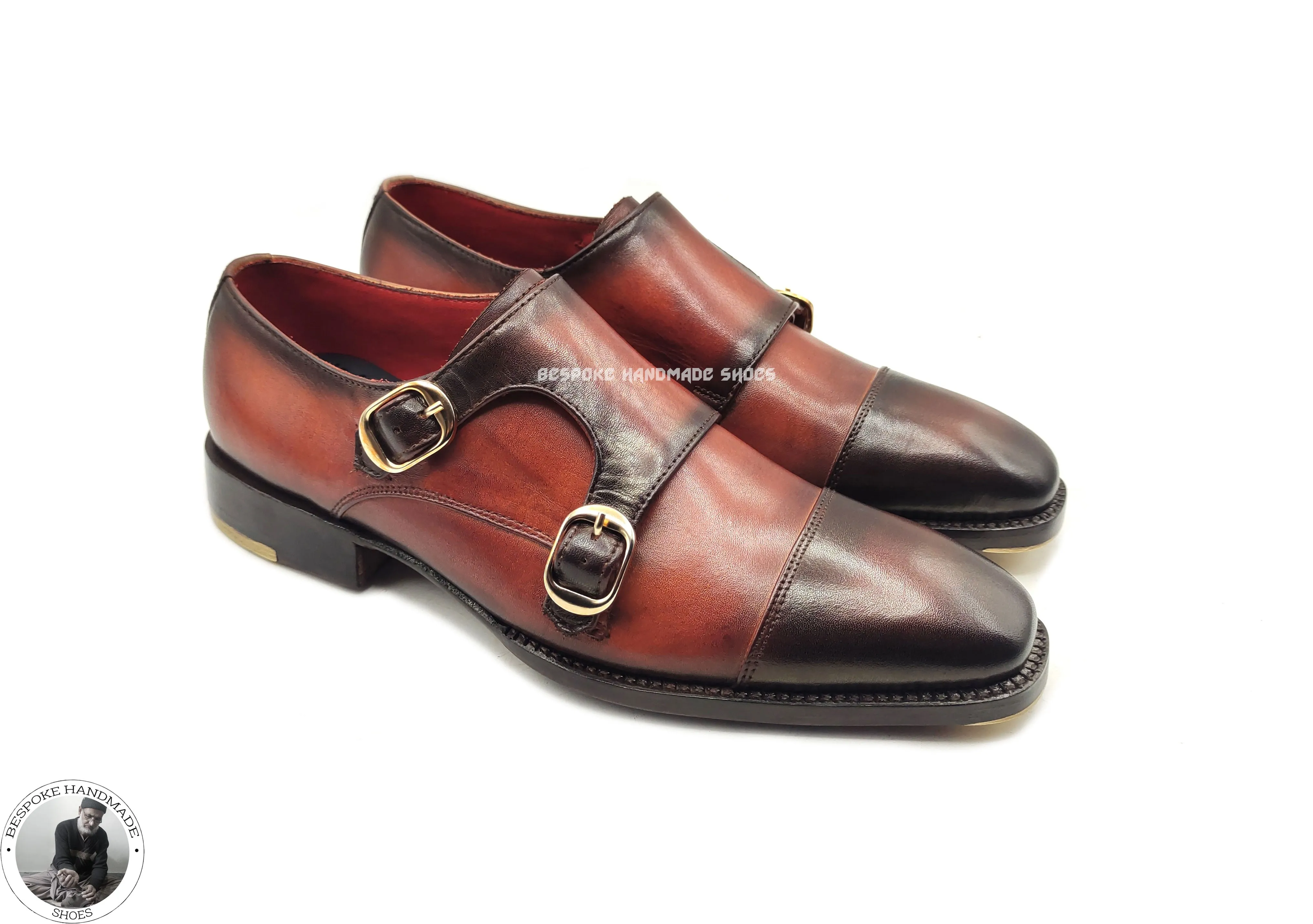 Handmade Genuine Two Tone Leather Monk Strap Toe Cap Dress / Formal Shoe