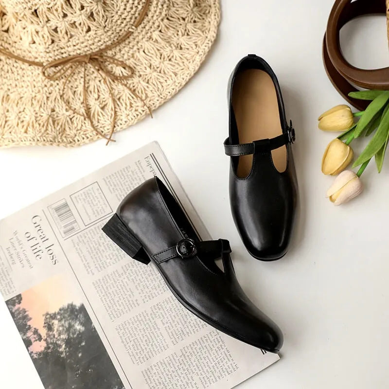 Handmade Leather Mary Jane Shoes T Strap Leather Shoes in Coffee/Black