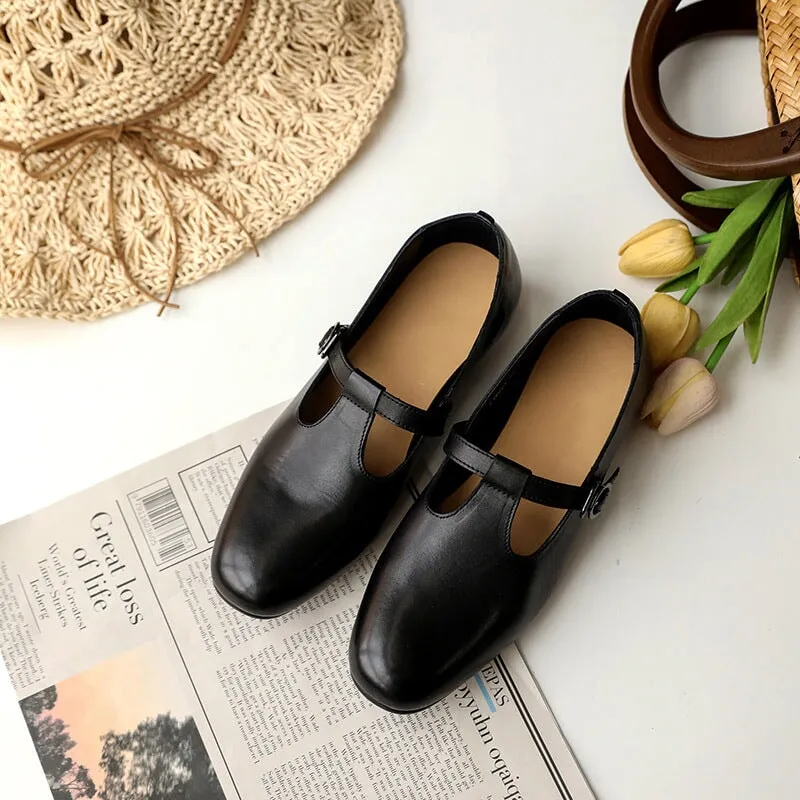 Handmade Leather Mary Jane Shoes T Strap Leather Shoes in Coffee/Black