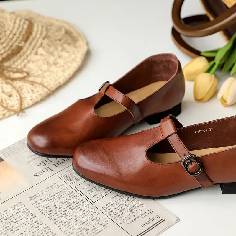 Handmade Leather Mary Jane Shoes T Strap Leather Shoes in Coffee/Black