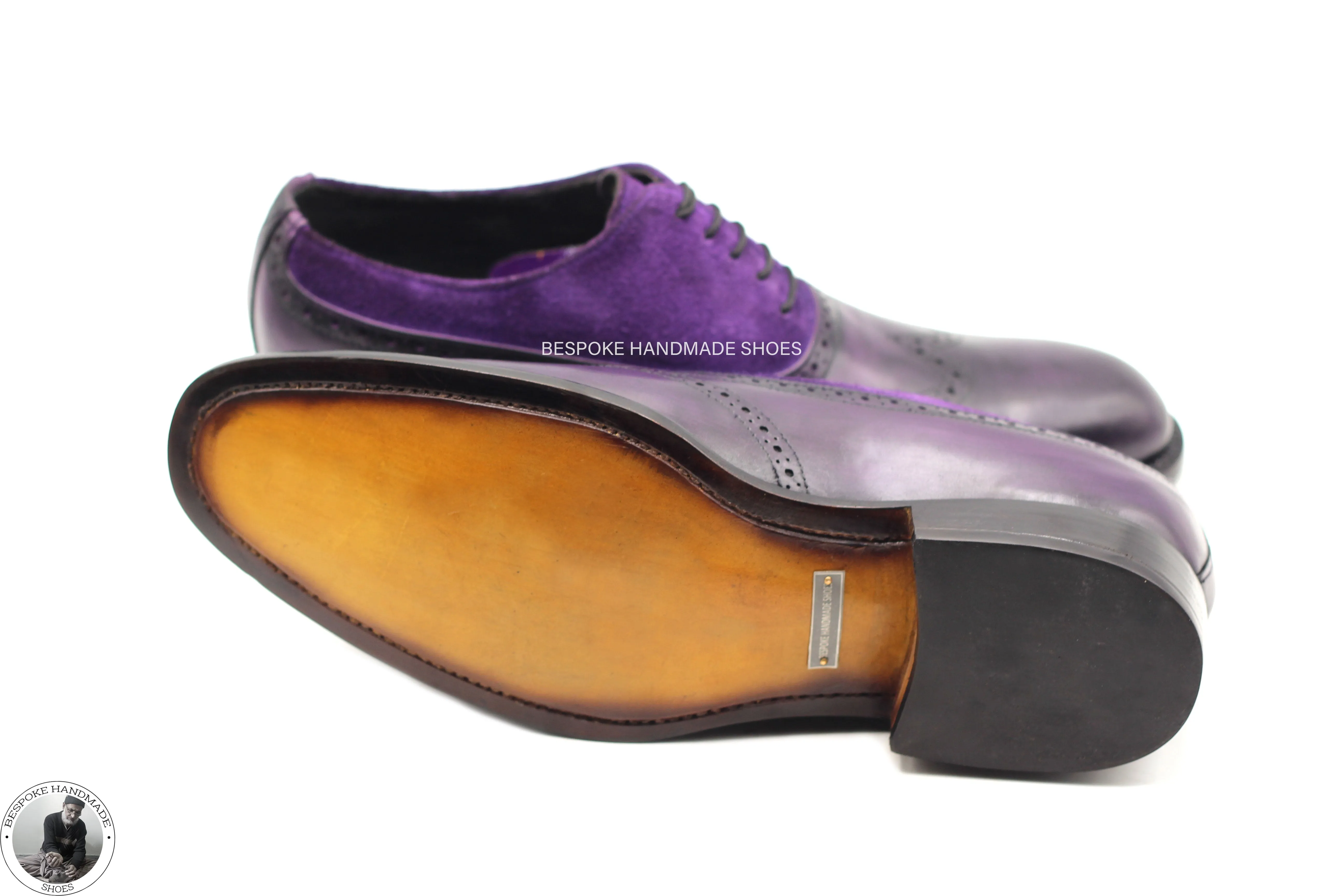 Handmade Men's Purple Leather & Suede Oxford Whole Cut Wingtip Dress shoes, Men Lace Up Shoes