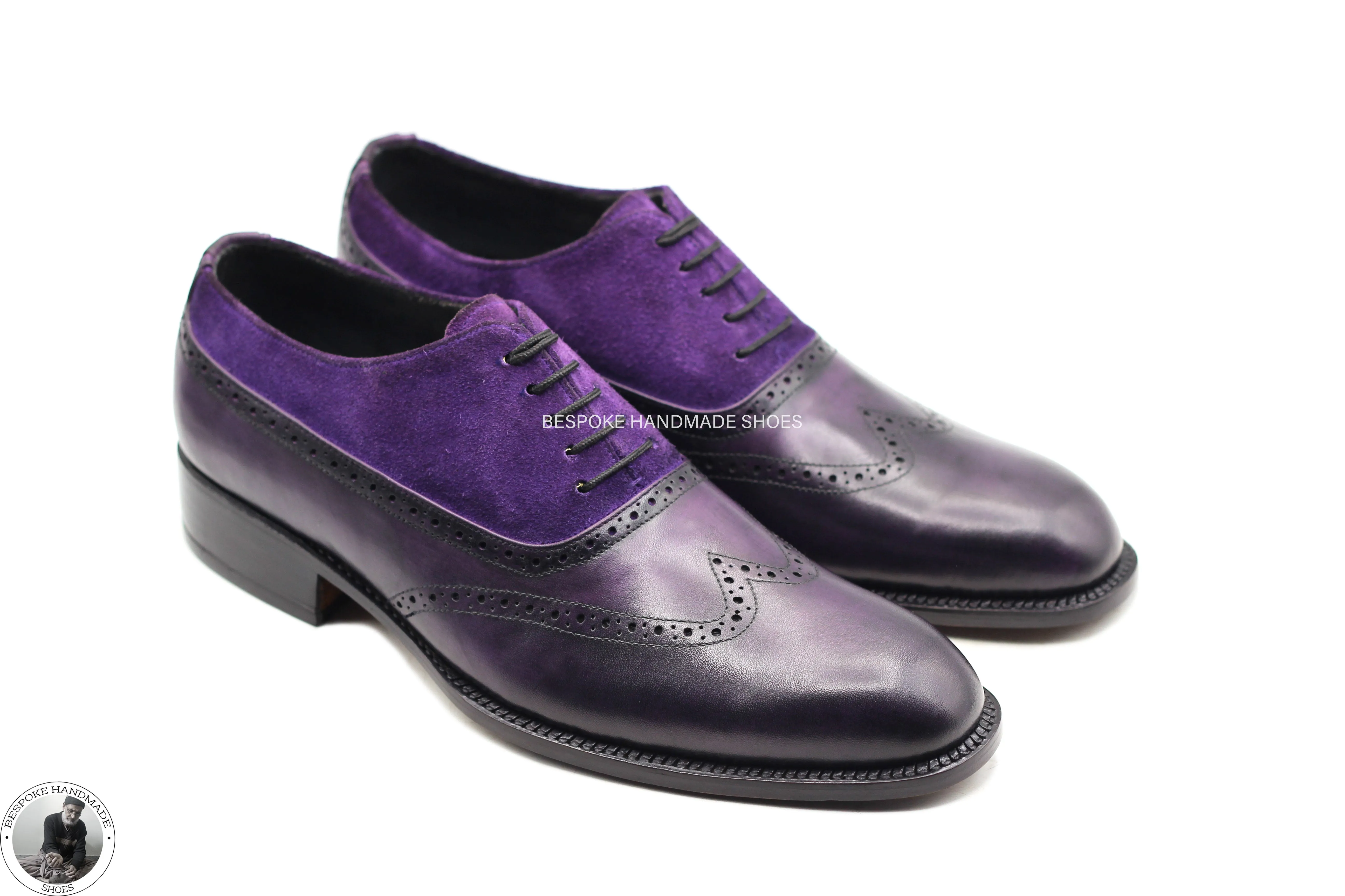 Handmade Men's Purple Leather & Suede Oxford Whole Cut Wingtip Dress shoes, Men Lace Up Shoes