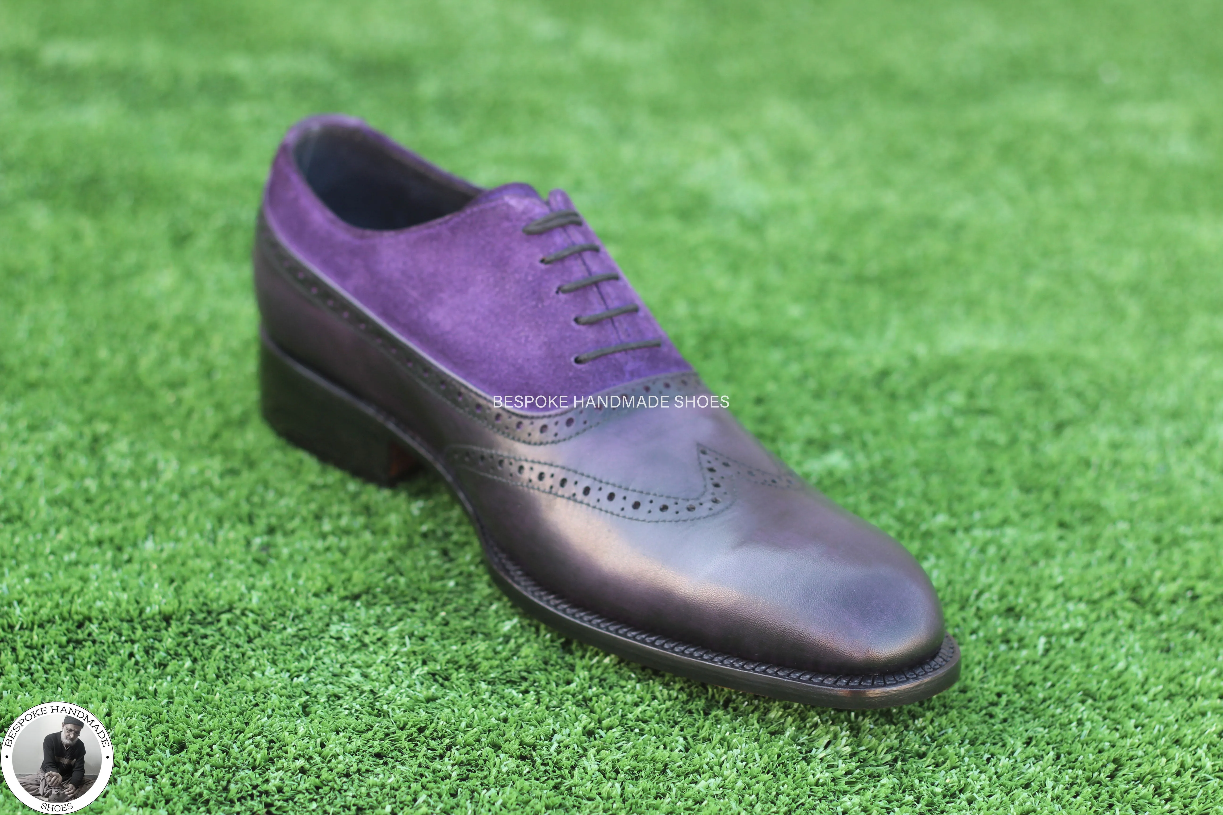 Handmade Men's Purple Leather & Suede Oxford Whole Cut Wingtip Dress shoes, Men Lace Up Shoes