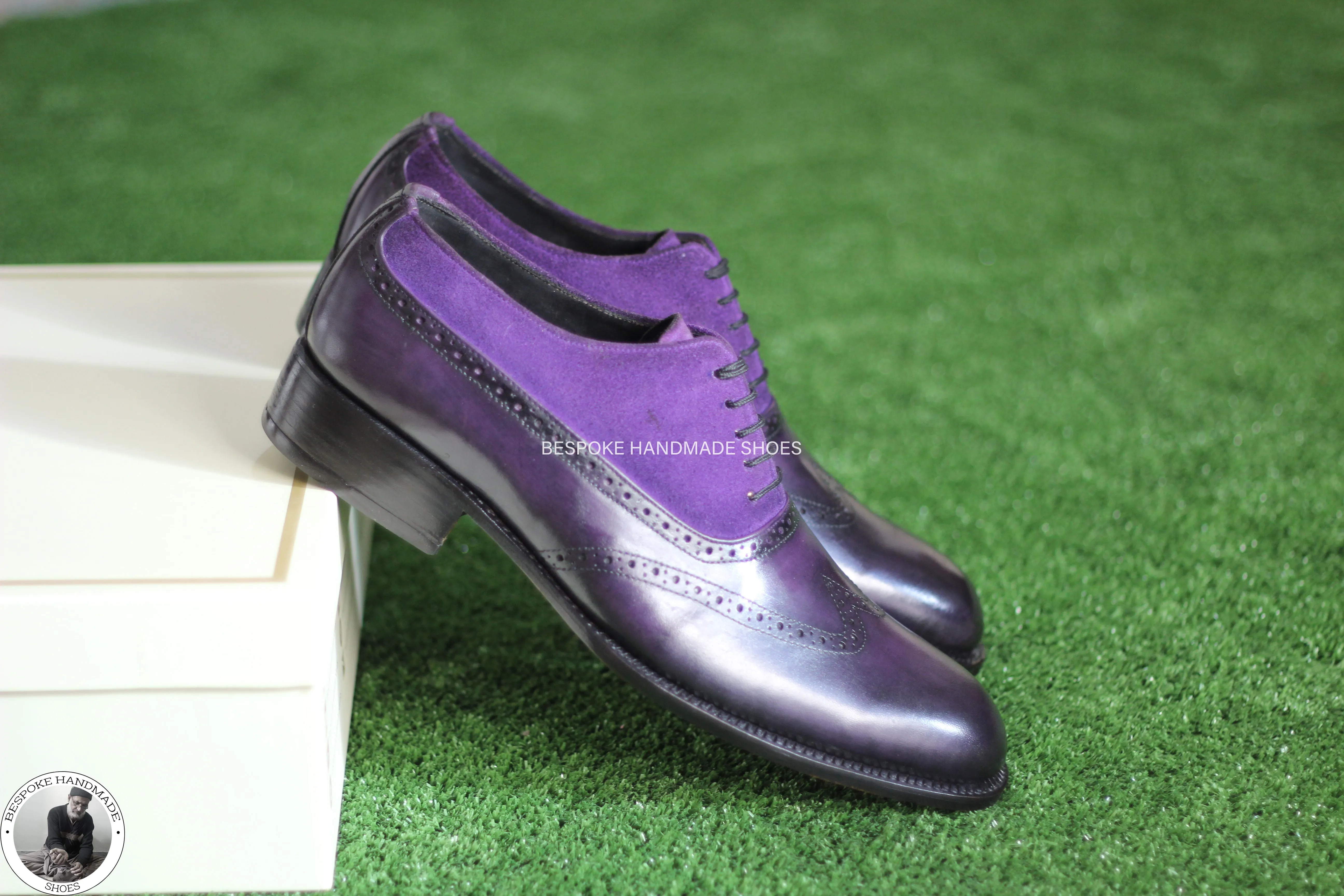 Handmade Men's Purple Leather & Suede Oxford Whole Cut Wingtip Dress shoes, Men Lace Up Shoes