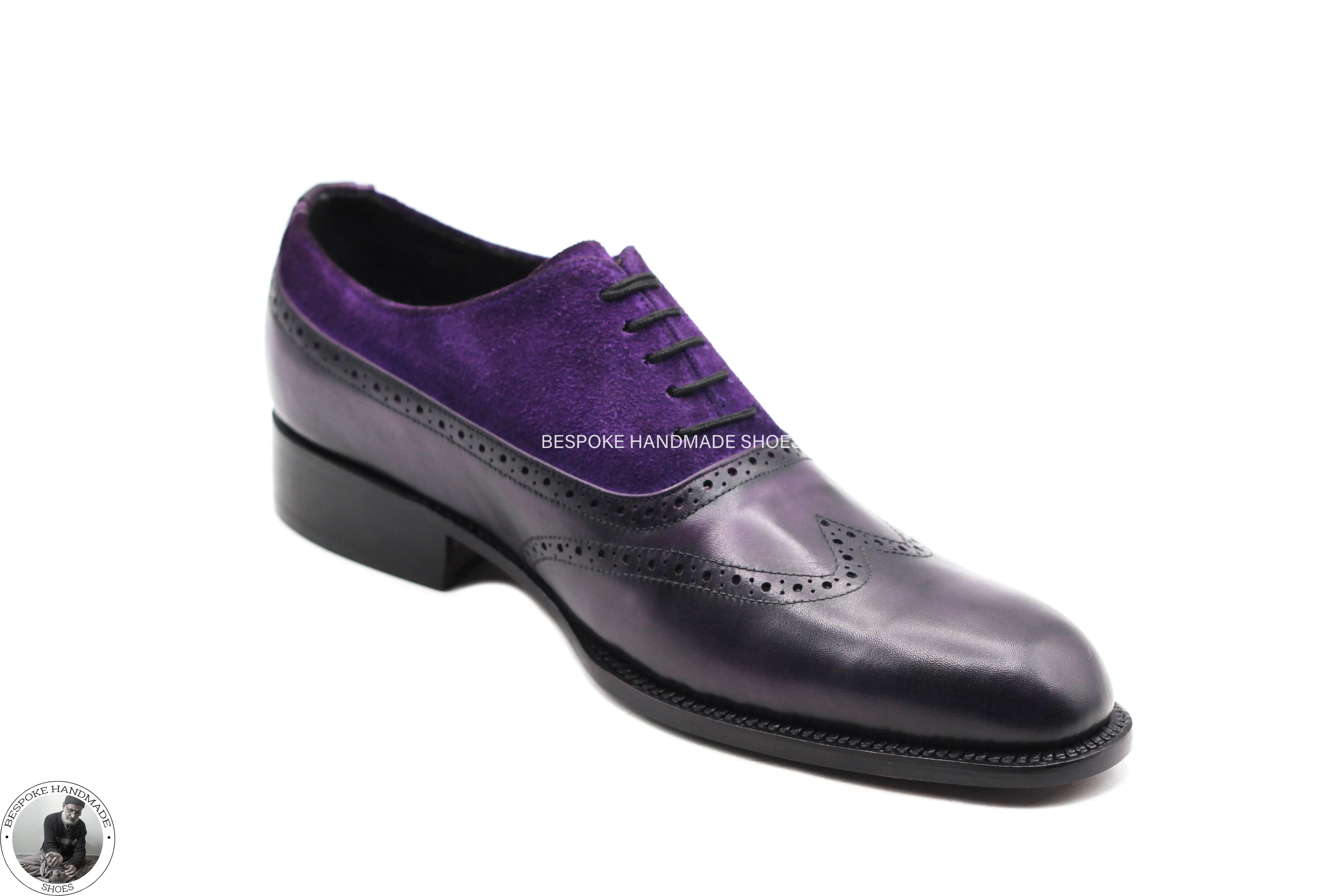 Handmade Men's Purple Leather & Suede Oxford Whole Cut Wingtip Dress shoes, Men Lace Up Shoes