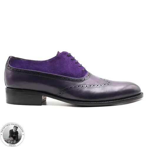 Handmade Men's Purple Leather & Suede Oxford Whole Cut Wingtip Dress shoes, Men Lace Up Shoes