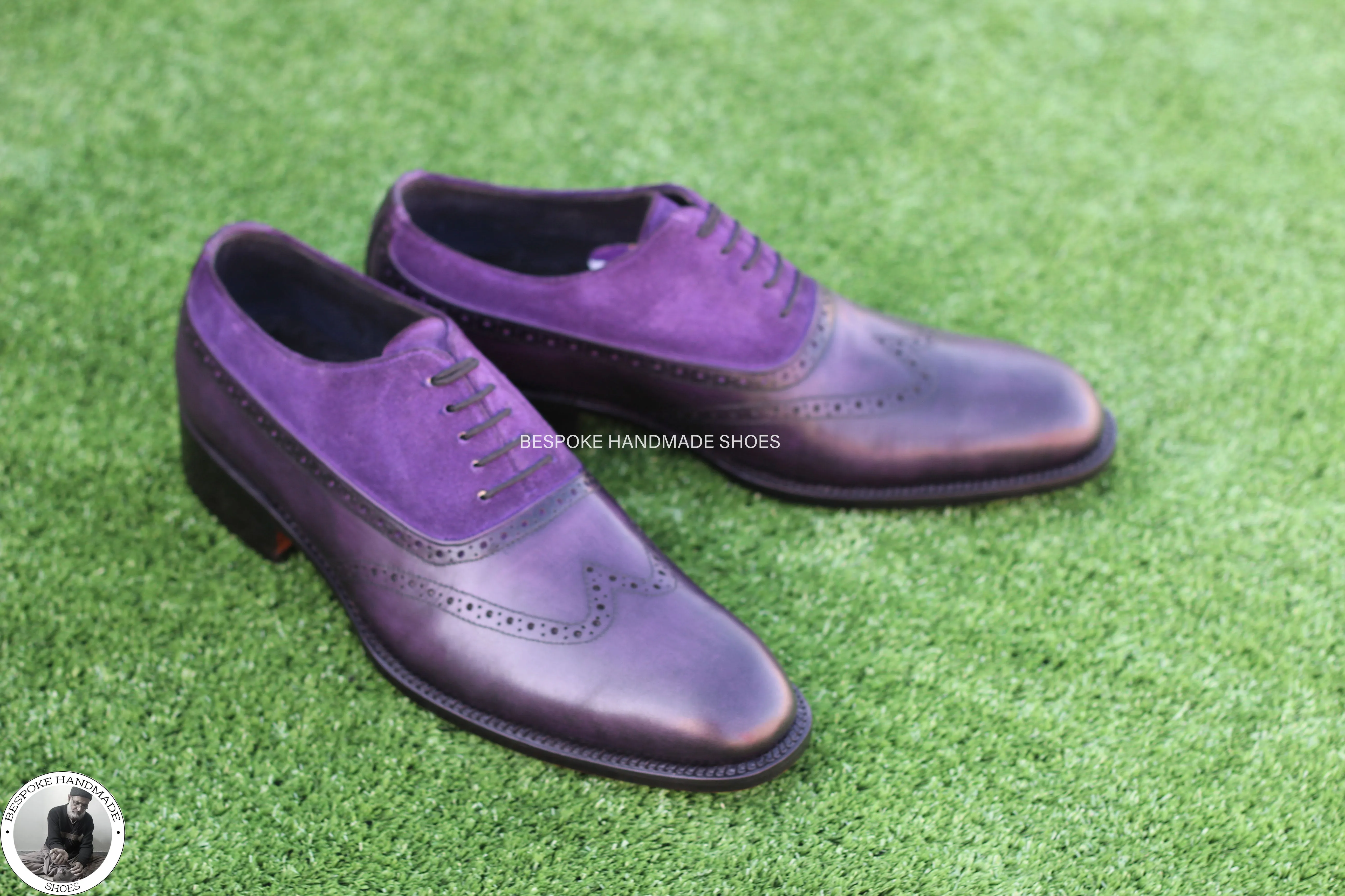 Handmade Men's Purple Leather & Suede Oxford Whole Cut Wingtip Dress shoes, Men Lace Up Shoes