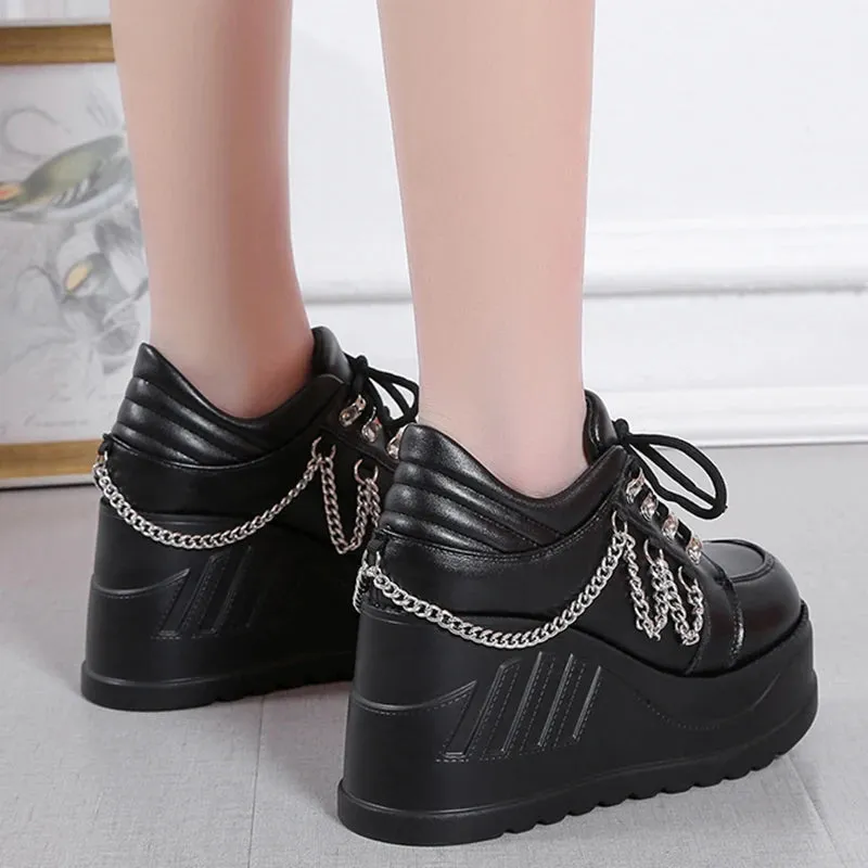 Hnzxzm Metal Chain Punk Gothic Shoes Woman Thick Bottom High Wedge Sneakers for Women New Black Chunky Platform Y2K Uniform Shoes