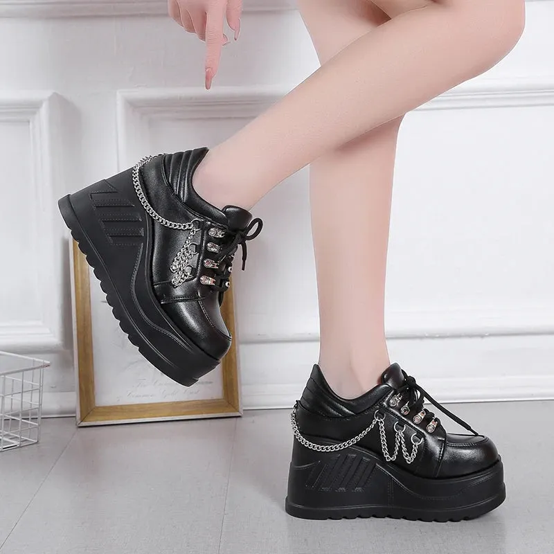 Hnzxzm Metal Chain Punk Gothic Shoes Woman Thick Bottom High Wedge Sneakers for Women New Black Chunky Platform Y2K Uniform Shoes