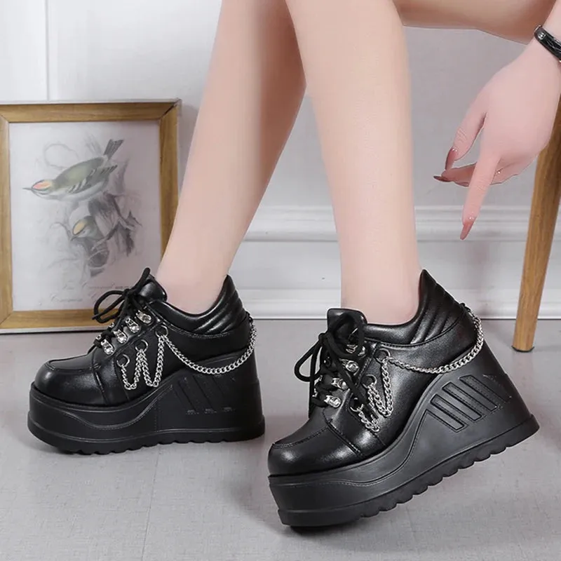 Hnzxzm Metal Chain Punk Gothic Shoes Woman Thick Bottom High Wedge Sneakers for Women New Black Chunky Platform Y2K Uniform Shoes