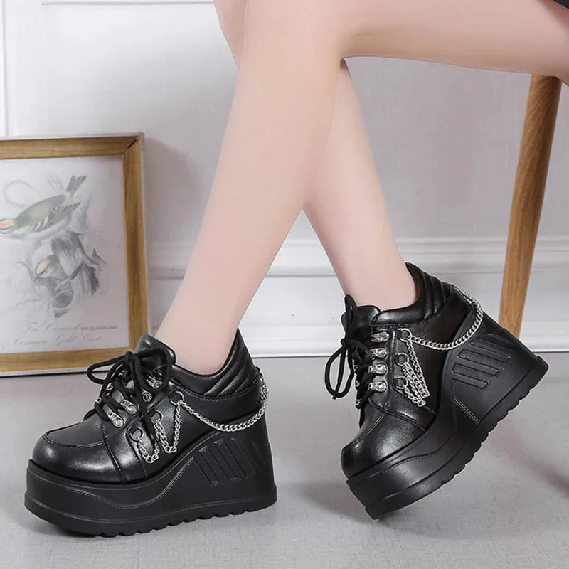 Hnzxzm Metal Chain Punk Gothic Shoes Woman Thick Bottom High Wedge Sneakers for Women New Black Chunky Platform Y2K Uniform Shoes