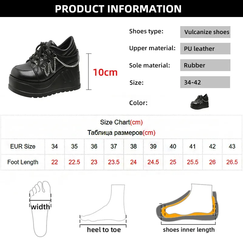 Hnzxzm Metal Chain Punk Gothic Shoes Woman Thick Bottom High Wedge Sneakers for Women New Black Chunky Platform Y2K Uniform Shoes