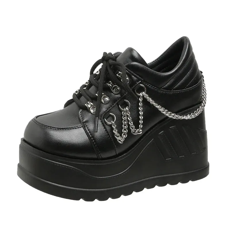 Hnzxzm Metal Chain Punk Gothic Shoes Woman Thick Bottom High Wedge Sneakers for Women New Black Chunky Platform Y2K Uniform Shoes