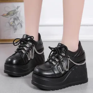 Hnzxzm Metal Chain Punk Gothic Shoes Woman Thick Bottom High Wedge Sneakers for Women New Black Chunky Platform Y2K Uniform Shoes