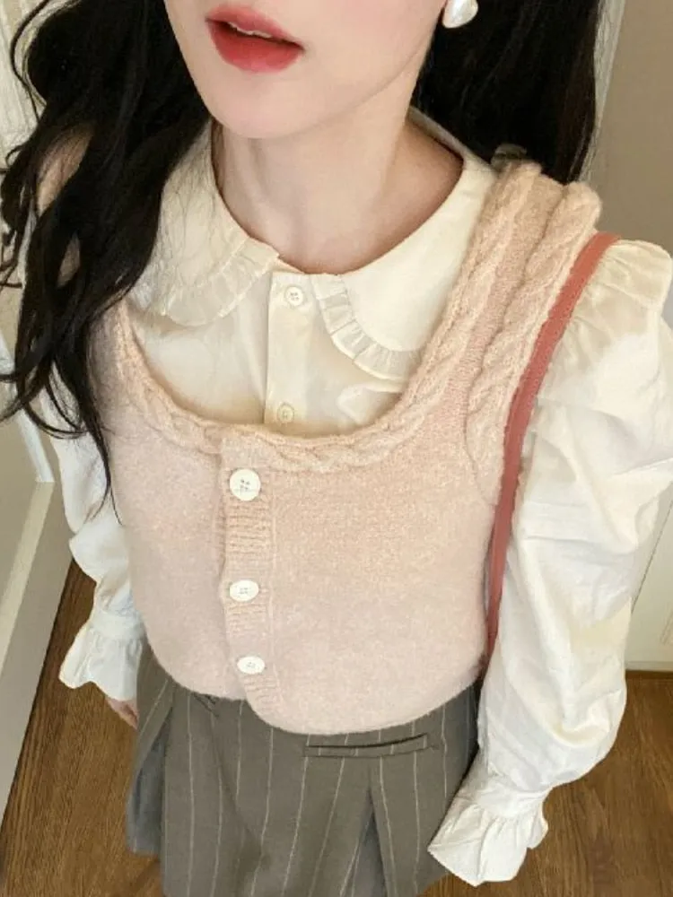 Joskaa Peter Pan Collar Kawaii Sweet Shirts Women Ruffles France Style Vintage Blouse Female Holiday Korean Causal Clothes 2024 Autumn