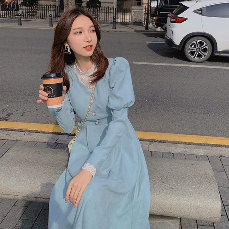 Joskaa Spring Fall French Patchwork Dress Women Elegant Blue Lace Dress Female Puff Sleeve Kawaii Korean One-piece Dress 2024