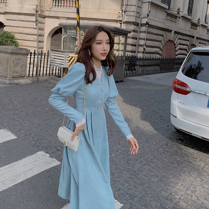 Joskaa Spring Fall French Patchwork Dress Women Elegant Blue Lace Dress Female Puff Sleeve Kawaii Korean One-piece Dress 2024