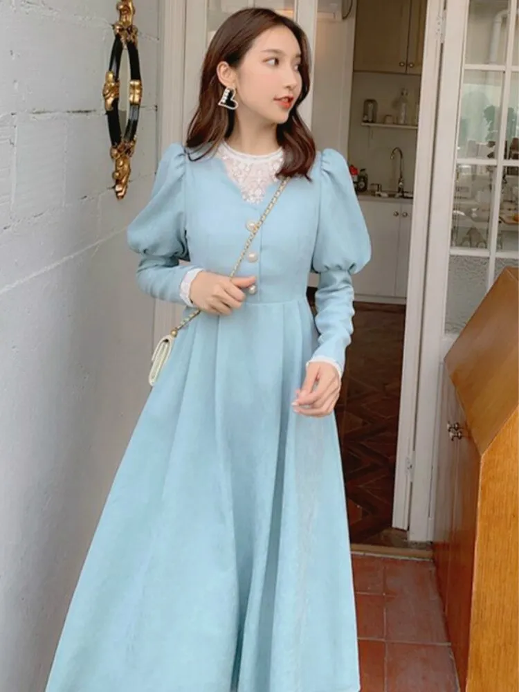 Joskaa Spring Fall French Patchwork Dress Women Elegant Blue Lace Dress Female Puff Sleeve Kawaii Korean One-piece Dress 2024