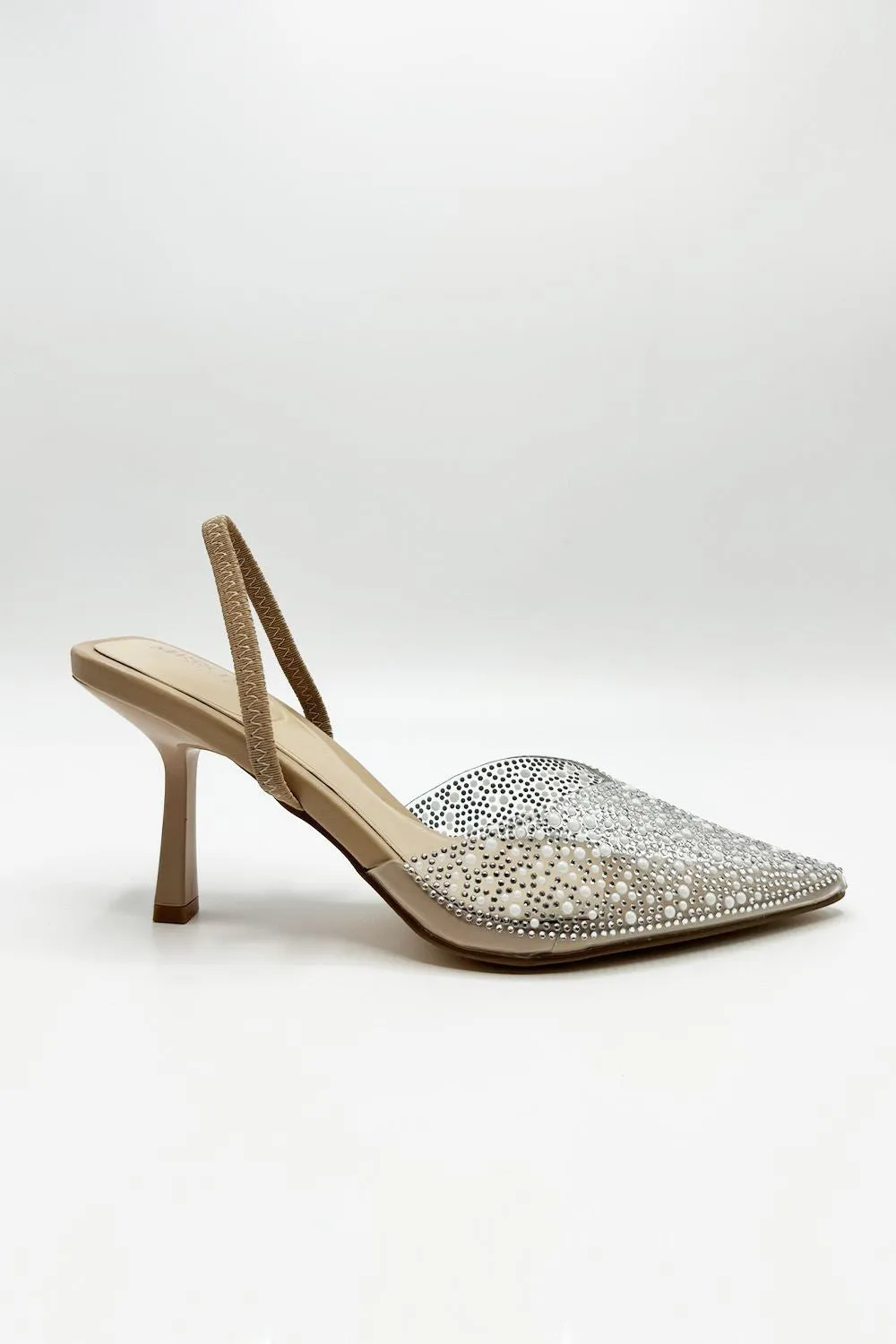 Kiana Diamante Embellished Sling Back Pointed Toe Court Shoes in Nude