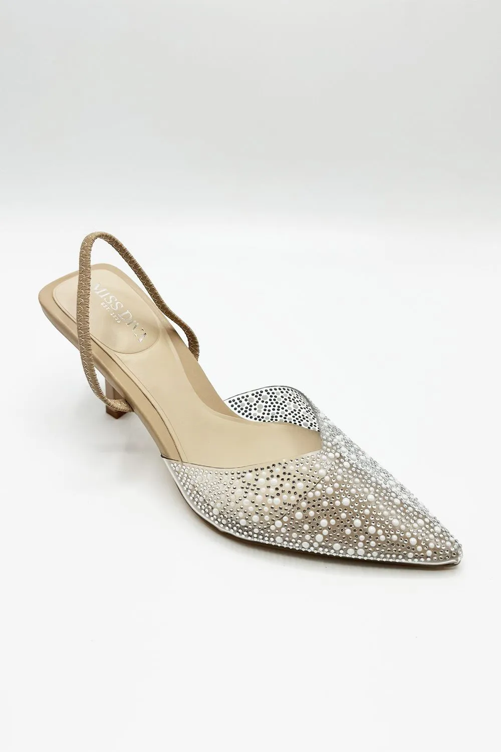 Kiana Diamante Embellished Sling Back Pointed Toe Court Shoes in Nude