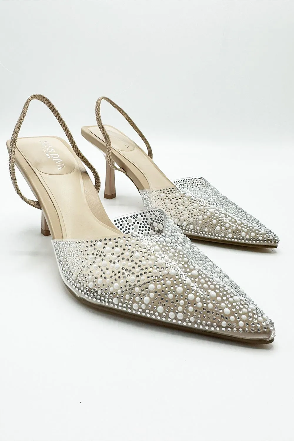 Kiana Diamante Embellished Sling Back Pointed Toe Court Shoes in Nude