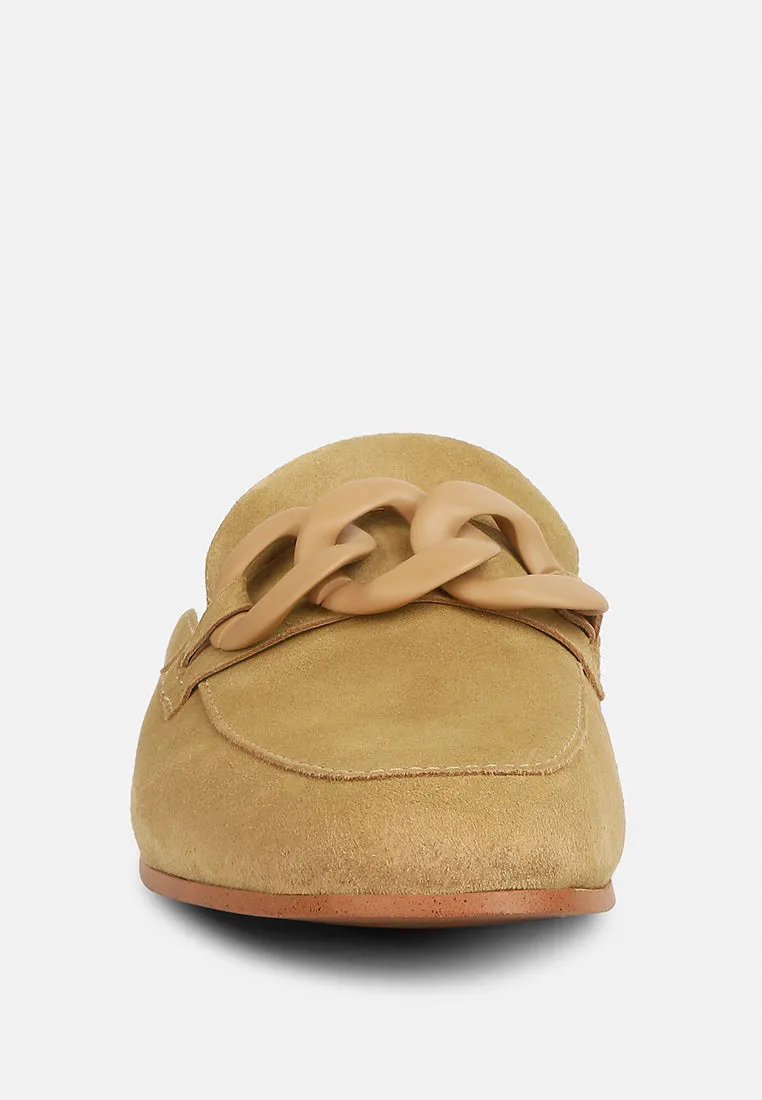 KRIZIA Chunky Chain Suede Slip On Mules in Sand