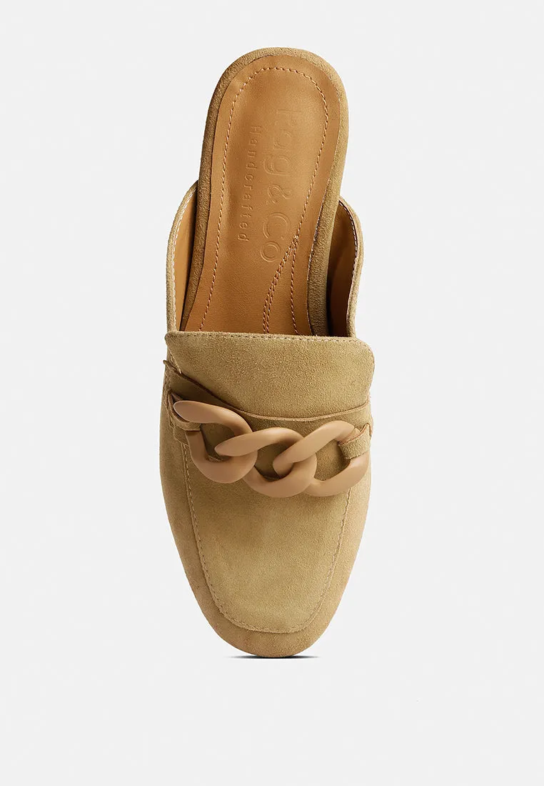 KRIZIA Chunky Chain Suede Slip On Mules in Sand