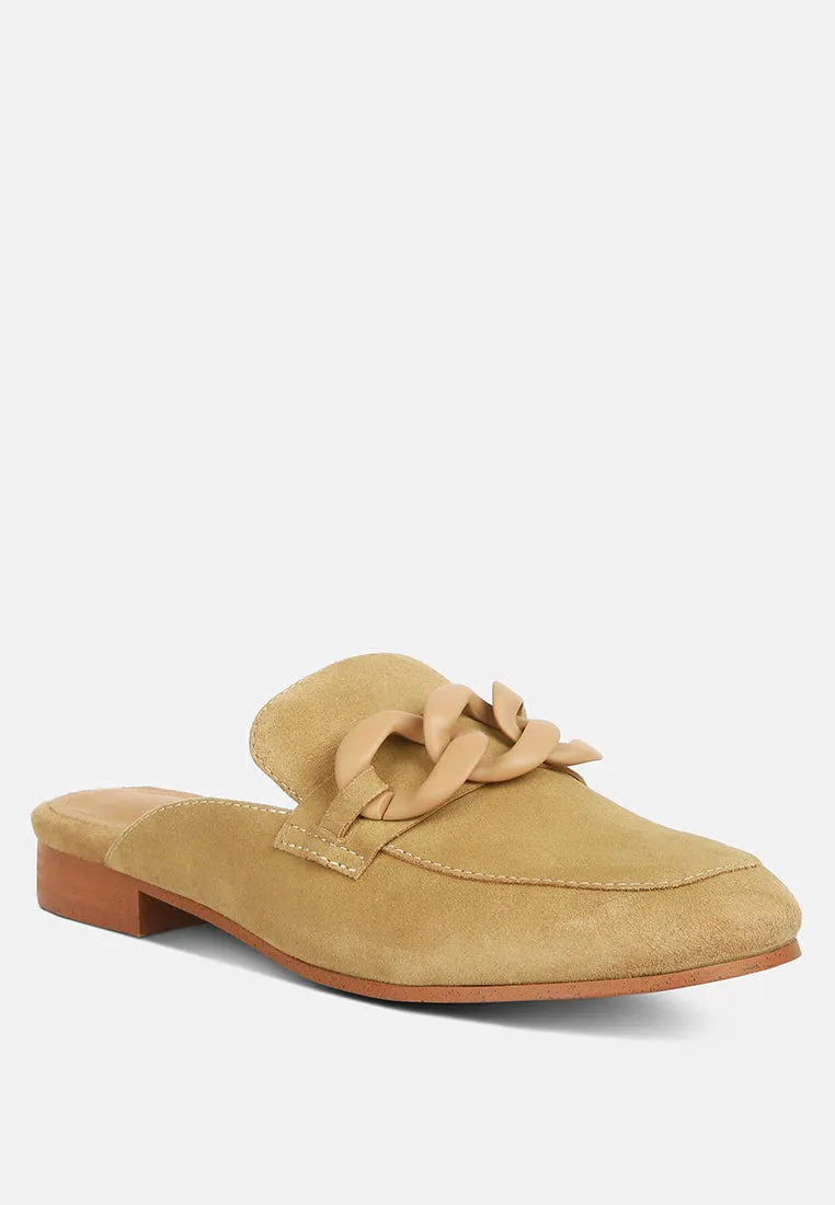 KRIZIA Chunky Chain Suede Slip On Mules in Sand