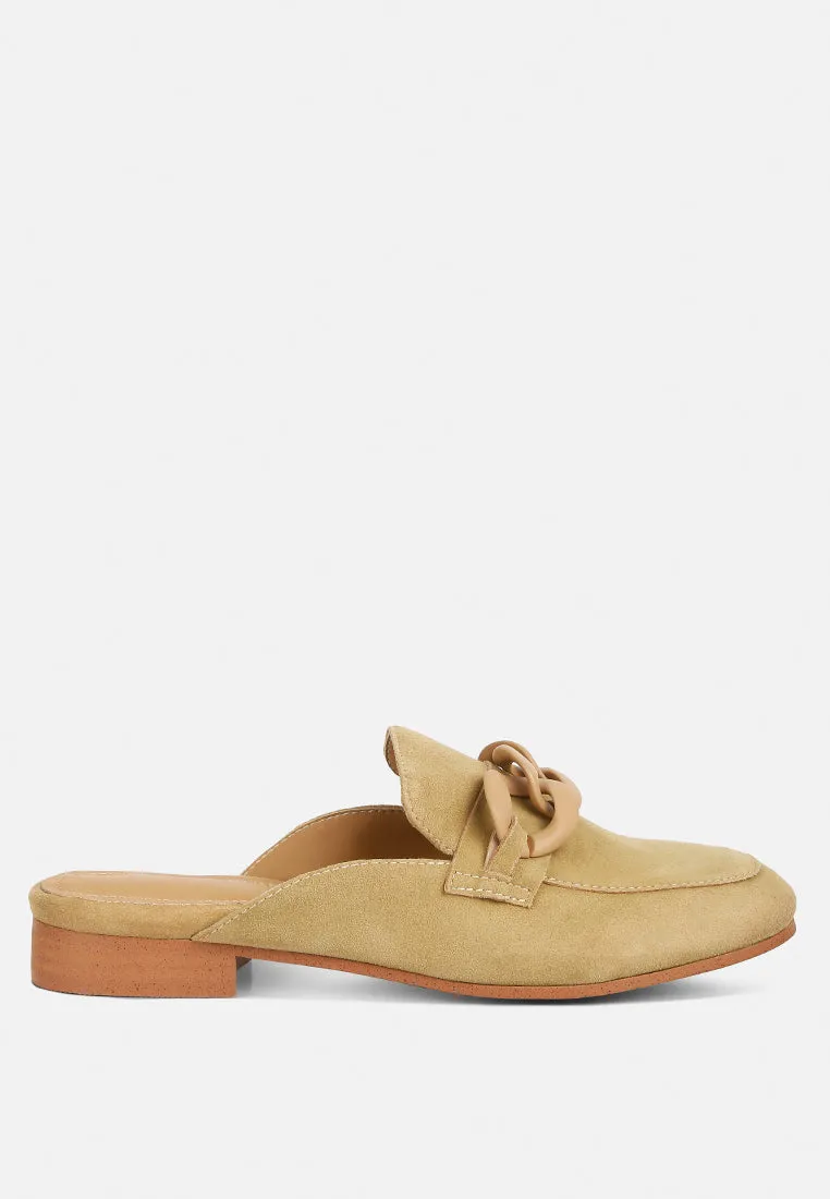 KRIZIA Chunky Chain Suede Slip On Mules in Sand