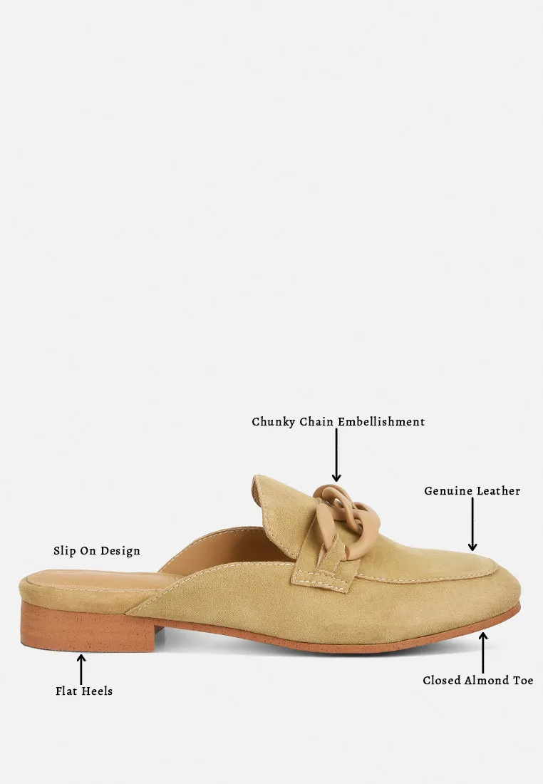 KRIZIA Chunky Chain Suede Slip On Mules in Sand