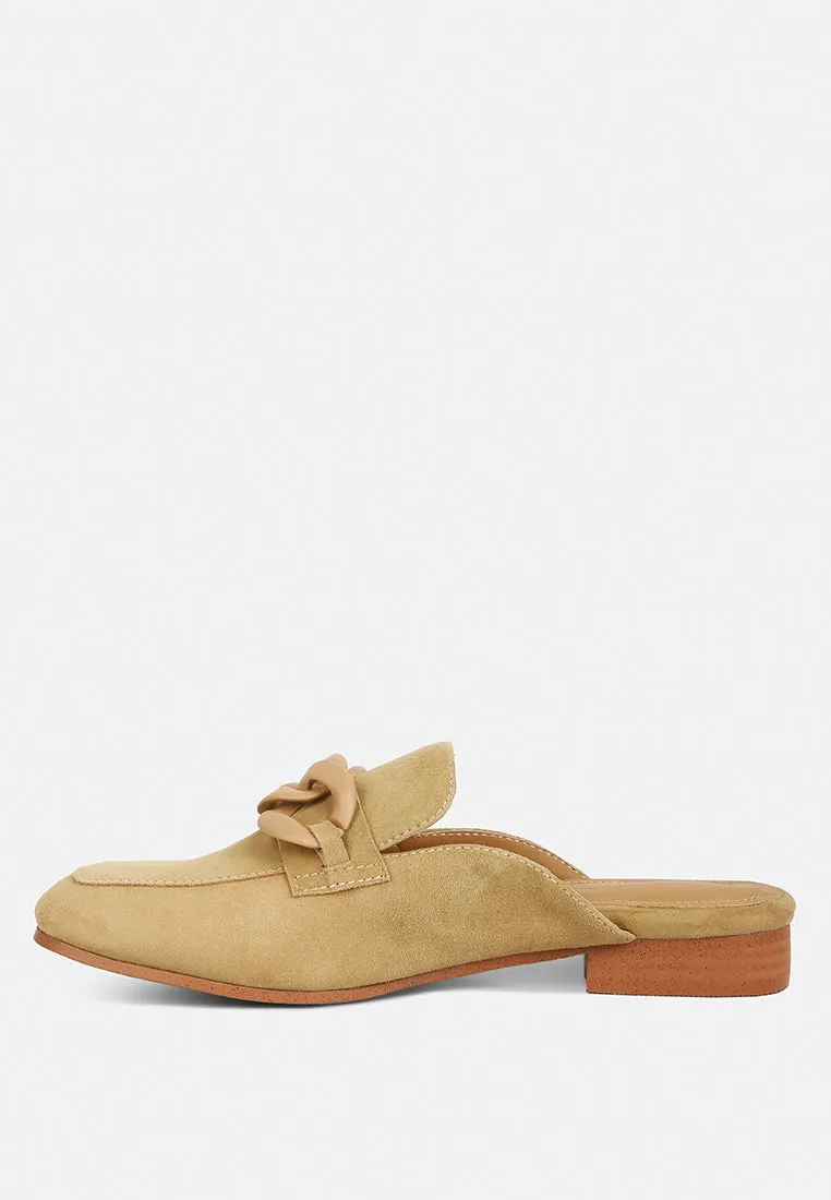 KRIZIA Chunky Chain Suede Slip On Mules in Sand