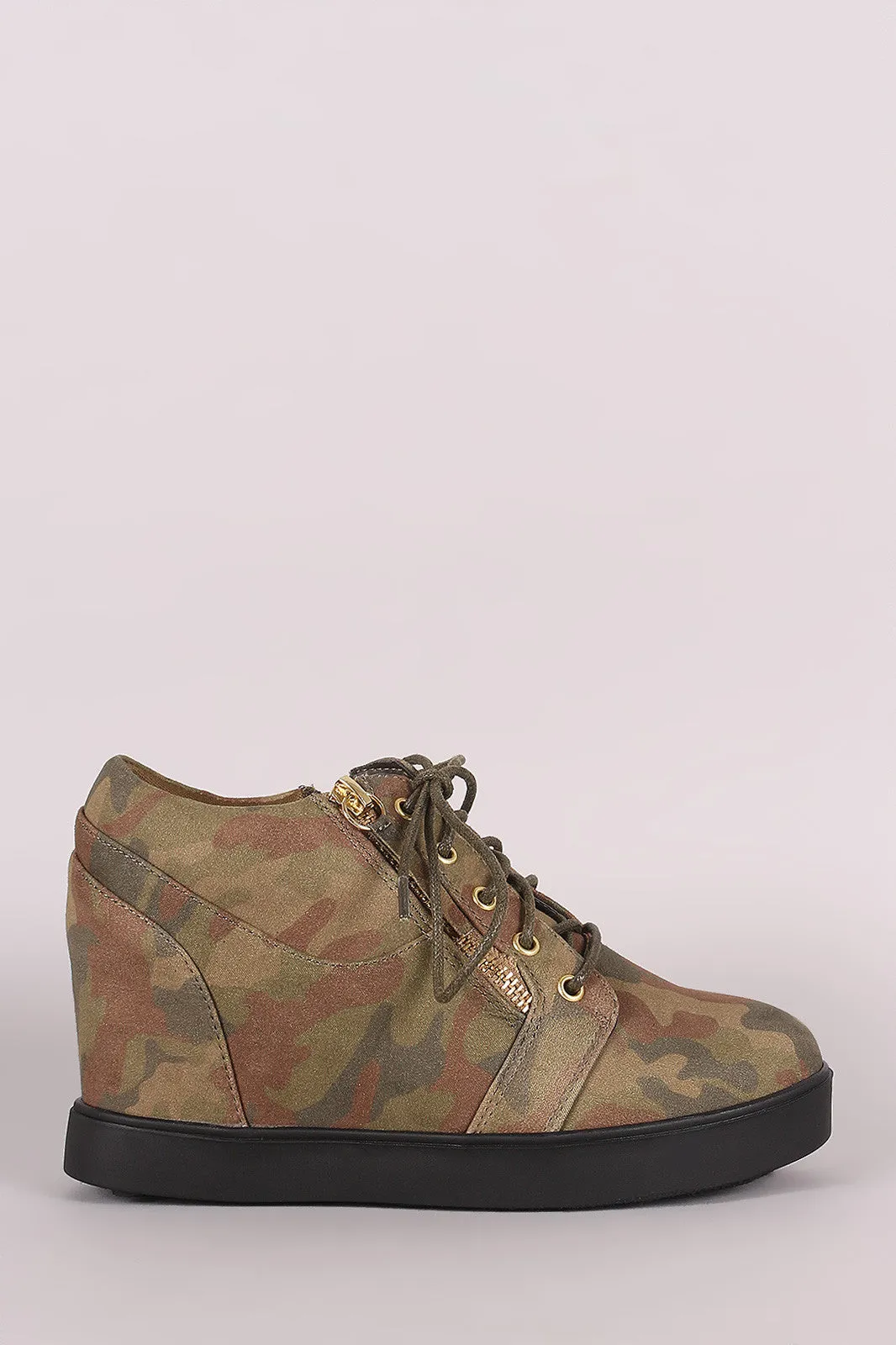 Liliana Camouflage Zipper Trim Lace Up Wedge Sneaker