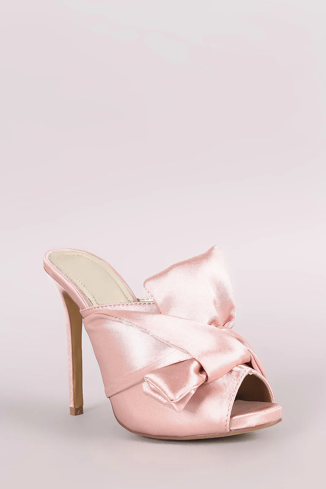 Liliana Twisted Satin Bow Peep Toe Mule Heel