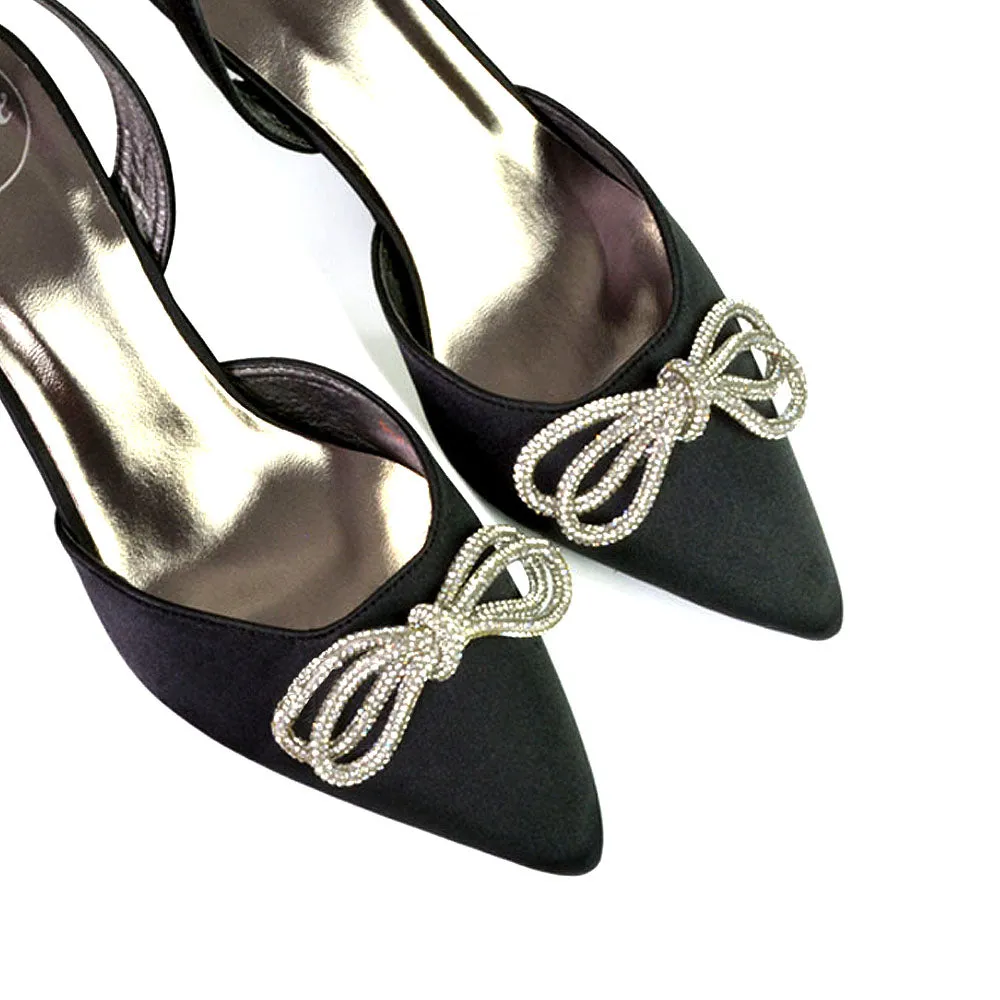 Marinah Wedding Shoes Diamante Bow Slingback Stiletto High Heel Court Shoes in Black