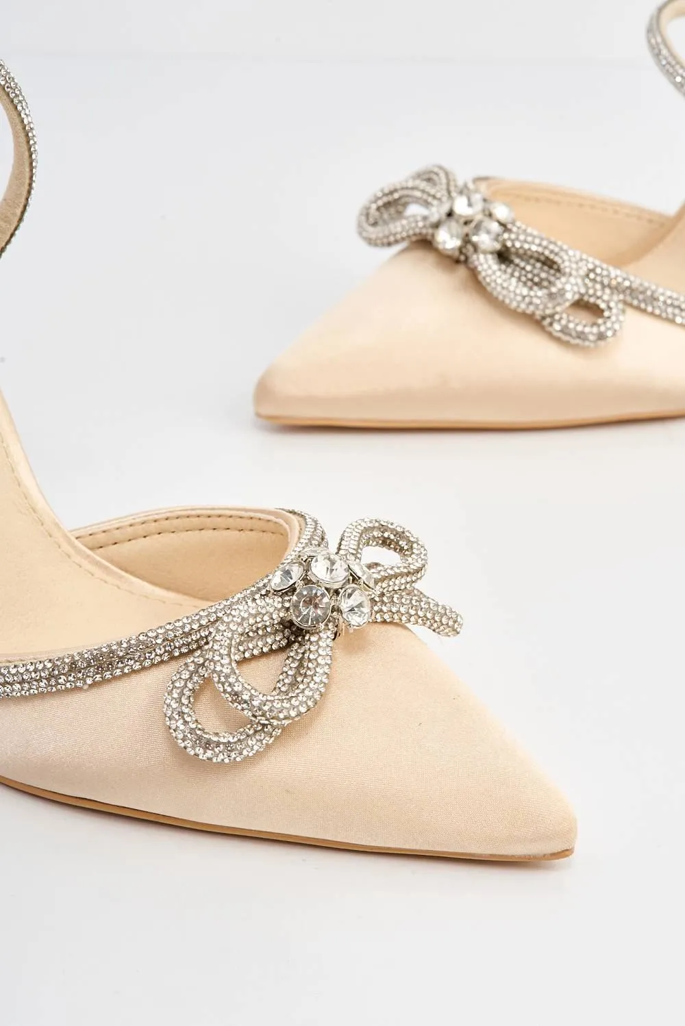 Natalie Pointed Toe Diamante Bow & Strap Court Shoe Heel in Beige