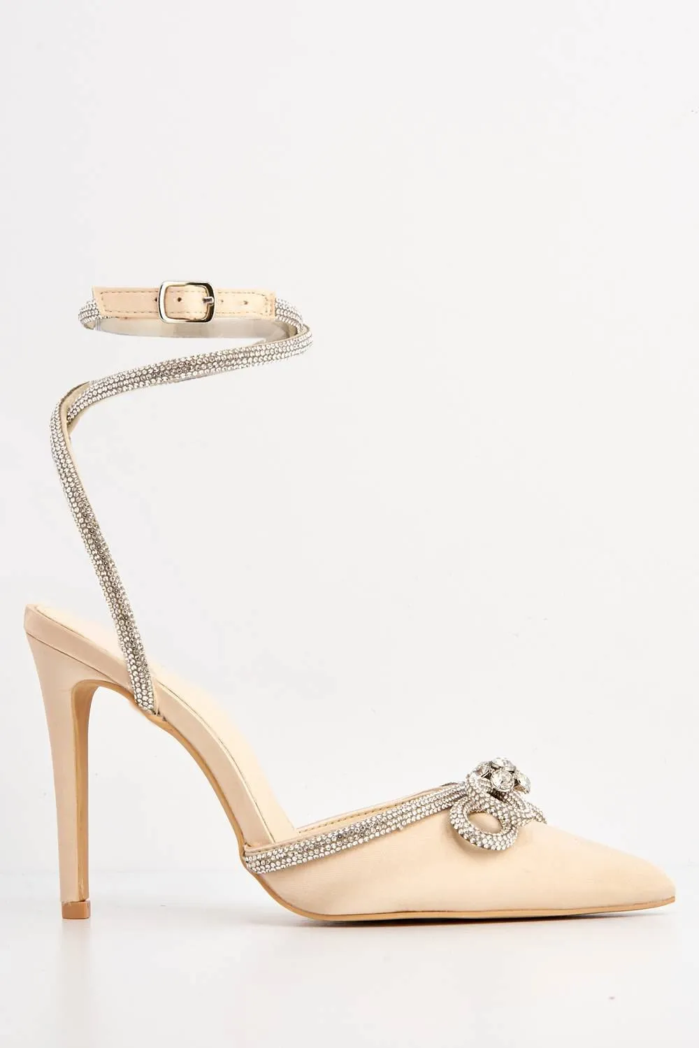 Natalie Pointed Toe Diamante Bow & Strap Court Shoe Heel in Beige