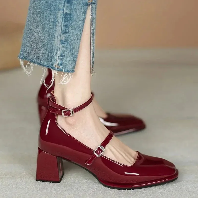 New Women's Mary Janes Shoes High Quality Leather Shoes for Women Square Toe Shallow Buckle Strap Women's Shoes sandalias