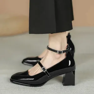 New Women's Mary Janes Shoes High Quality Leather Shoes for Women Square Toe Shallow Buckle Strap Women's Shoes sandalias