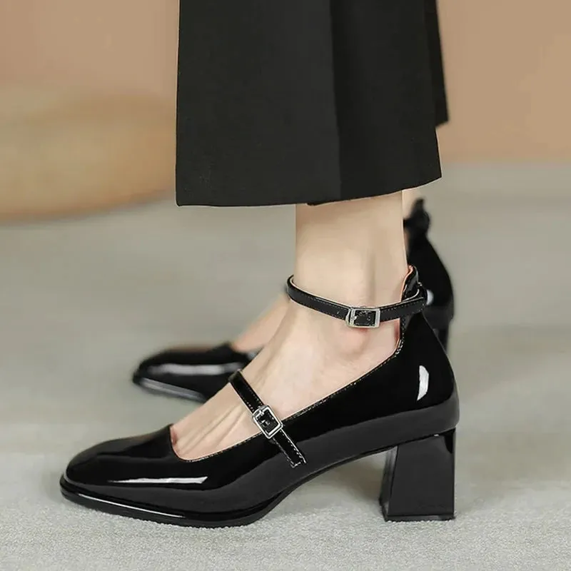 New Women's Mary Janes Shoes High Quality Leather Shoes for Women Square Toe Shallow Buckle Strap Women's Shoes sandalias