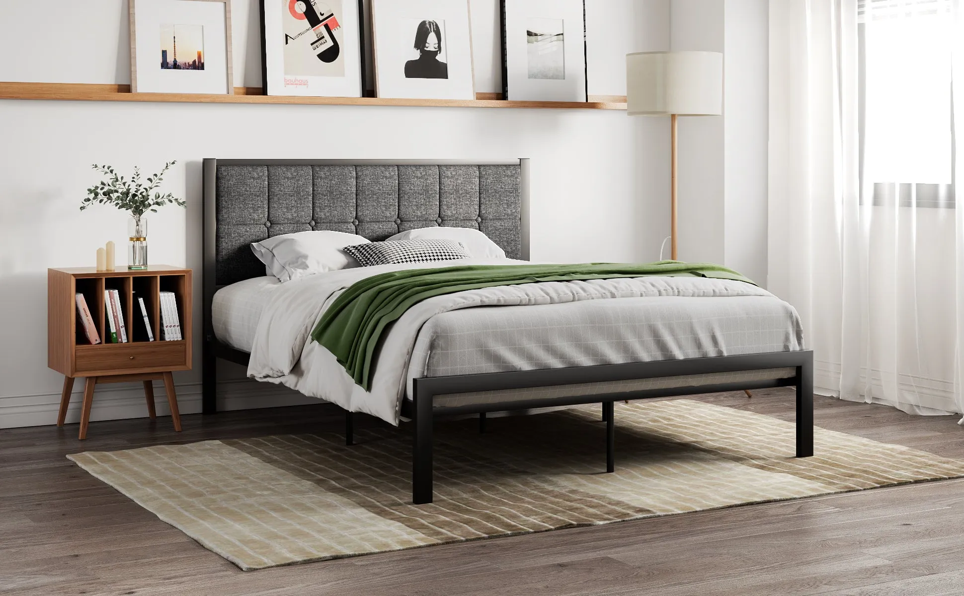 Platform Bed Frame with Upholstered Button Tufted Square Stitch Headboard