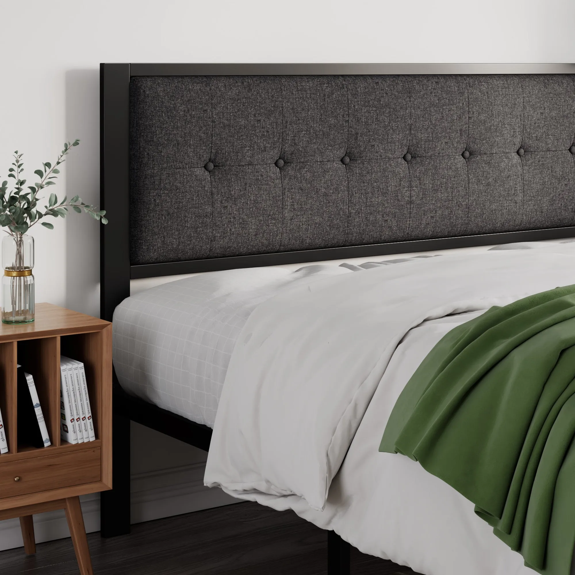 Platform Bed Frame with Upholstered Button Tufted Square Stitch Headboard