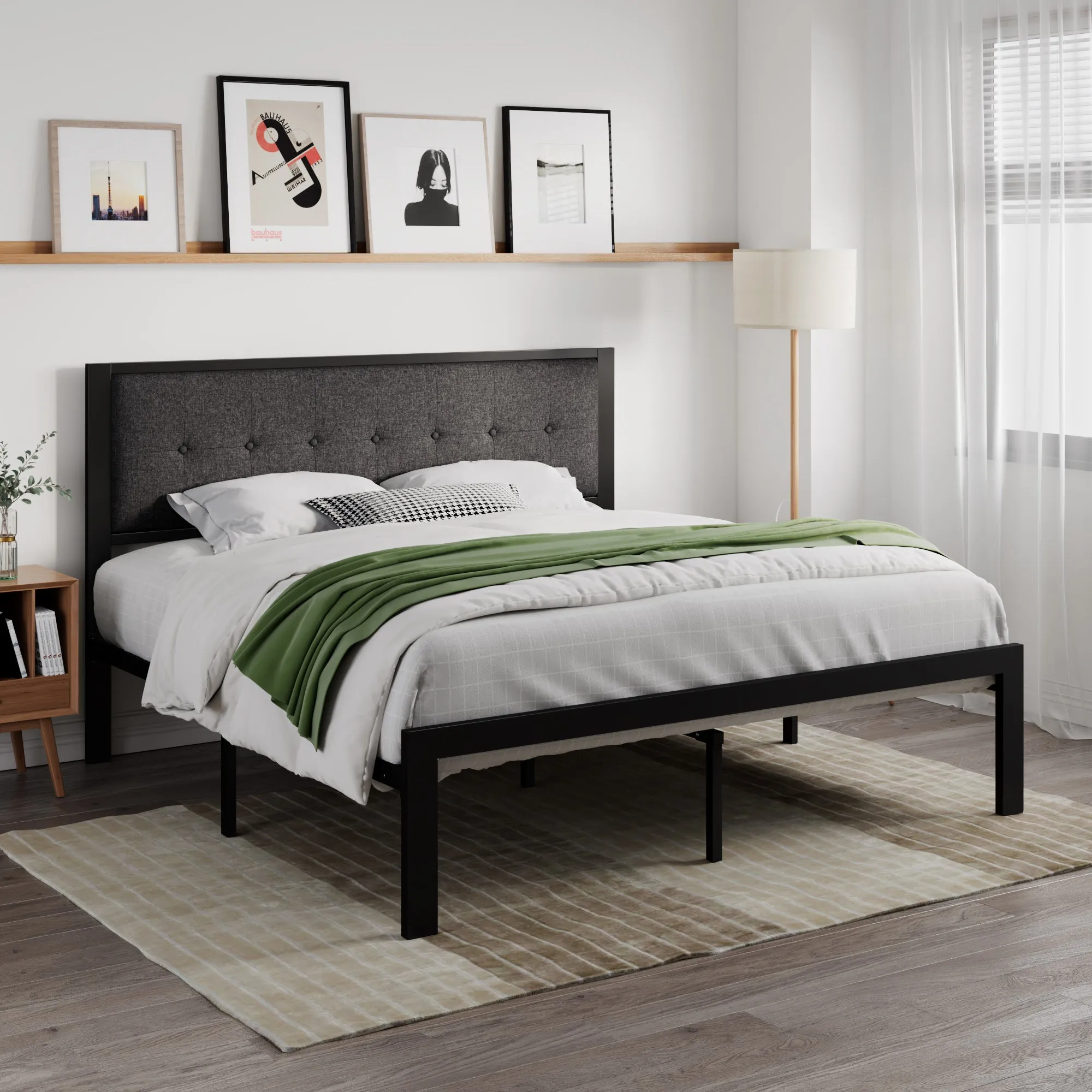 Platform Bed Frame with Upholstered Button Tufted Square Stitch Headboard