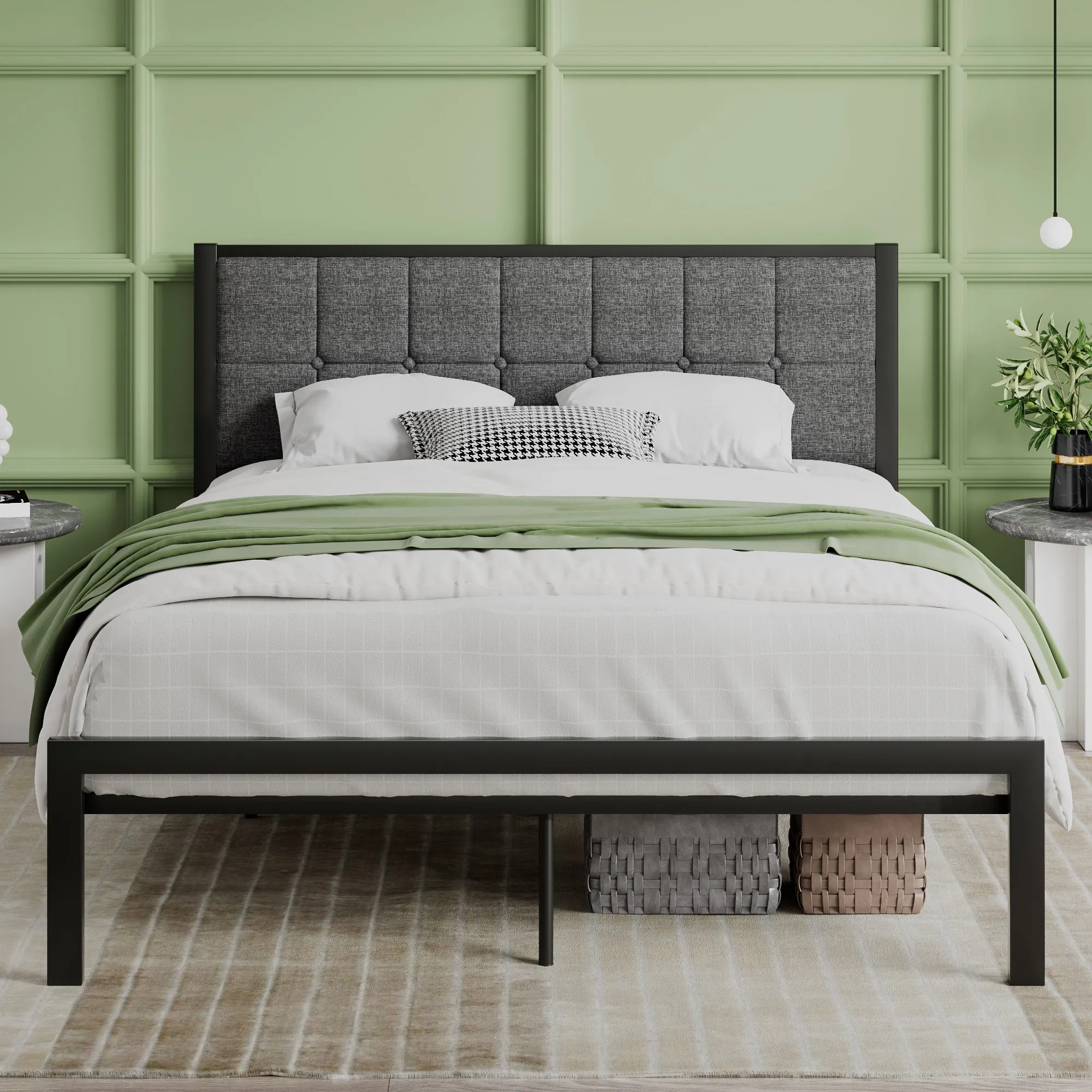 Platform Bed Frame with Upholstered Button Tufted Square Stitch Headboard