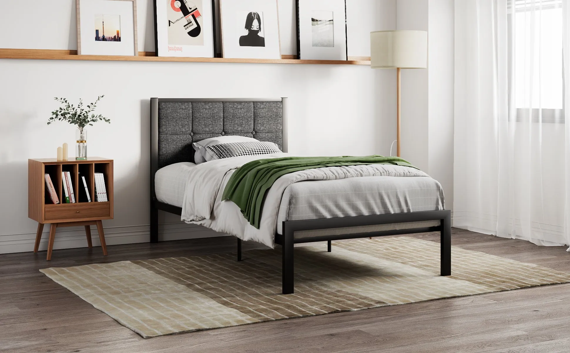 Platform Bed Frame with Upholstered Button Tufted Square Stitch Headboard