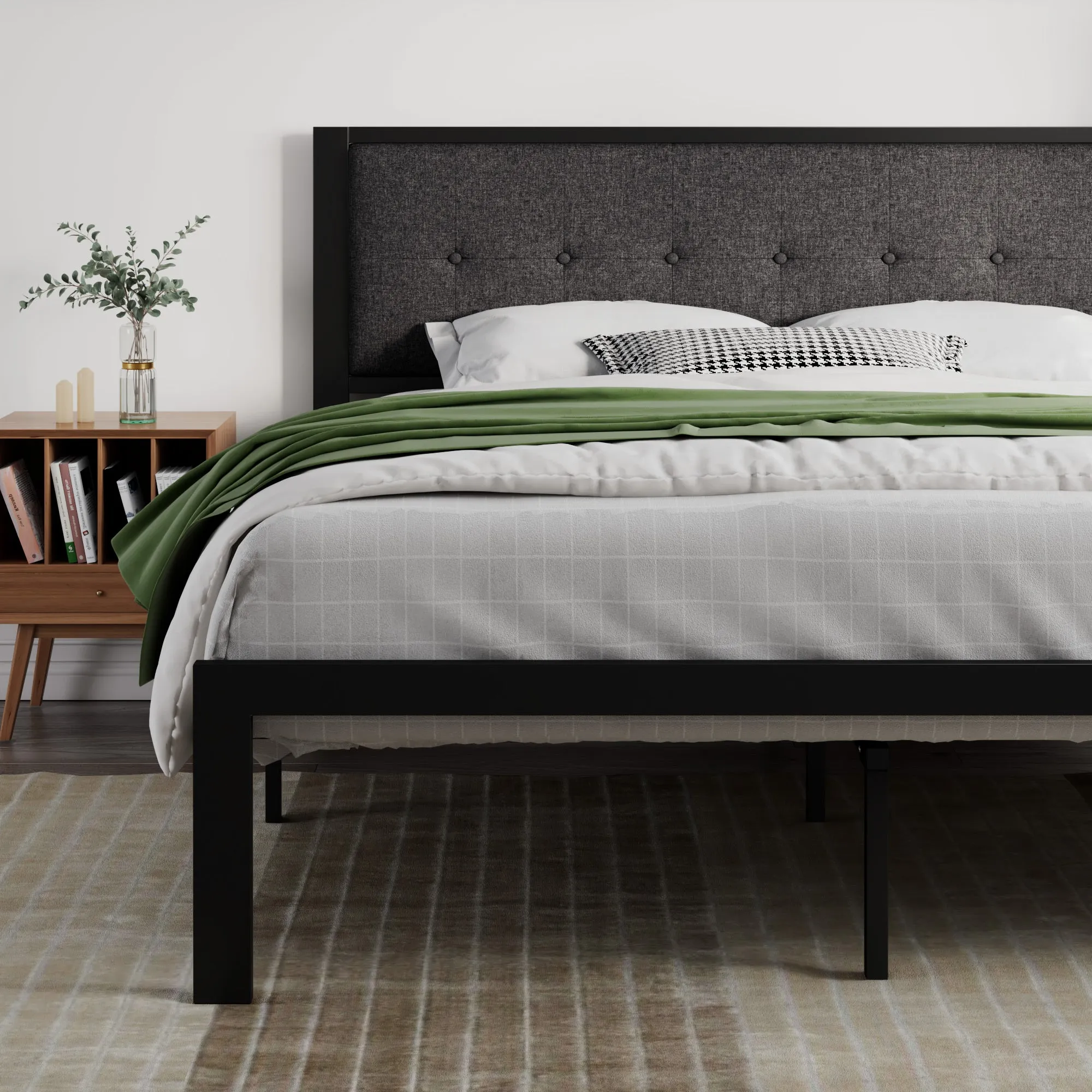 Platform Bed Frame with Upholstered Button Tufted Square Stitch Headboard