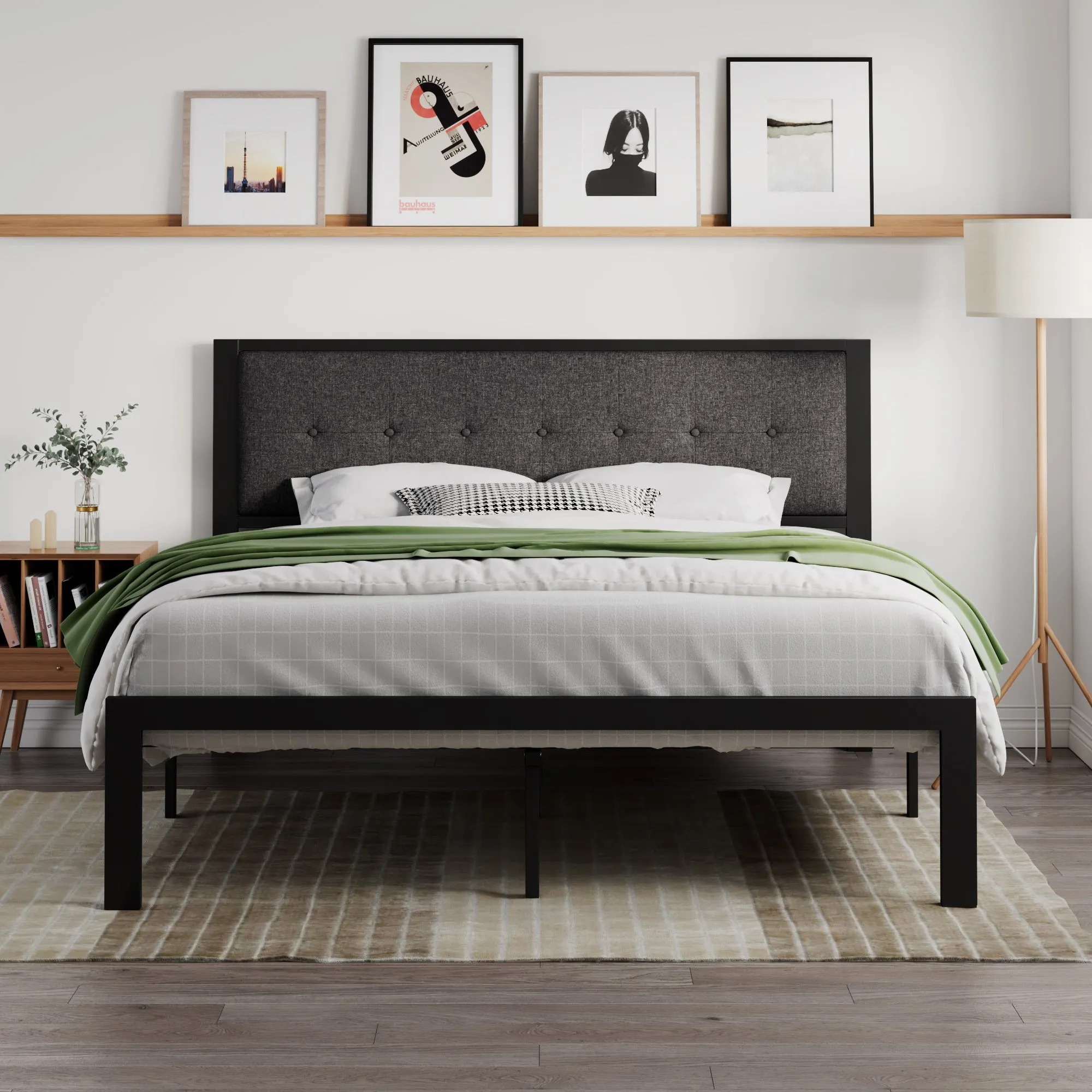 Platform Bed Frame with Upholstered Button Tufted Square Stitch Headboard