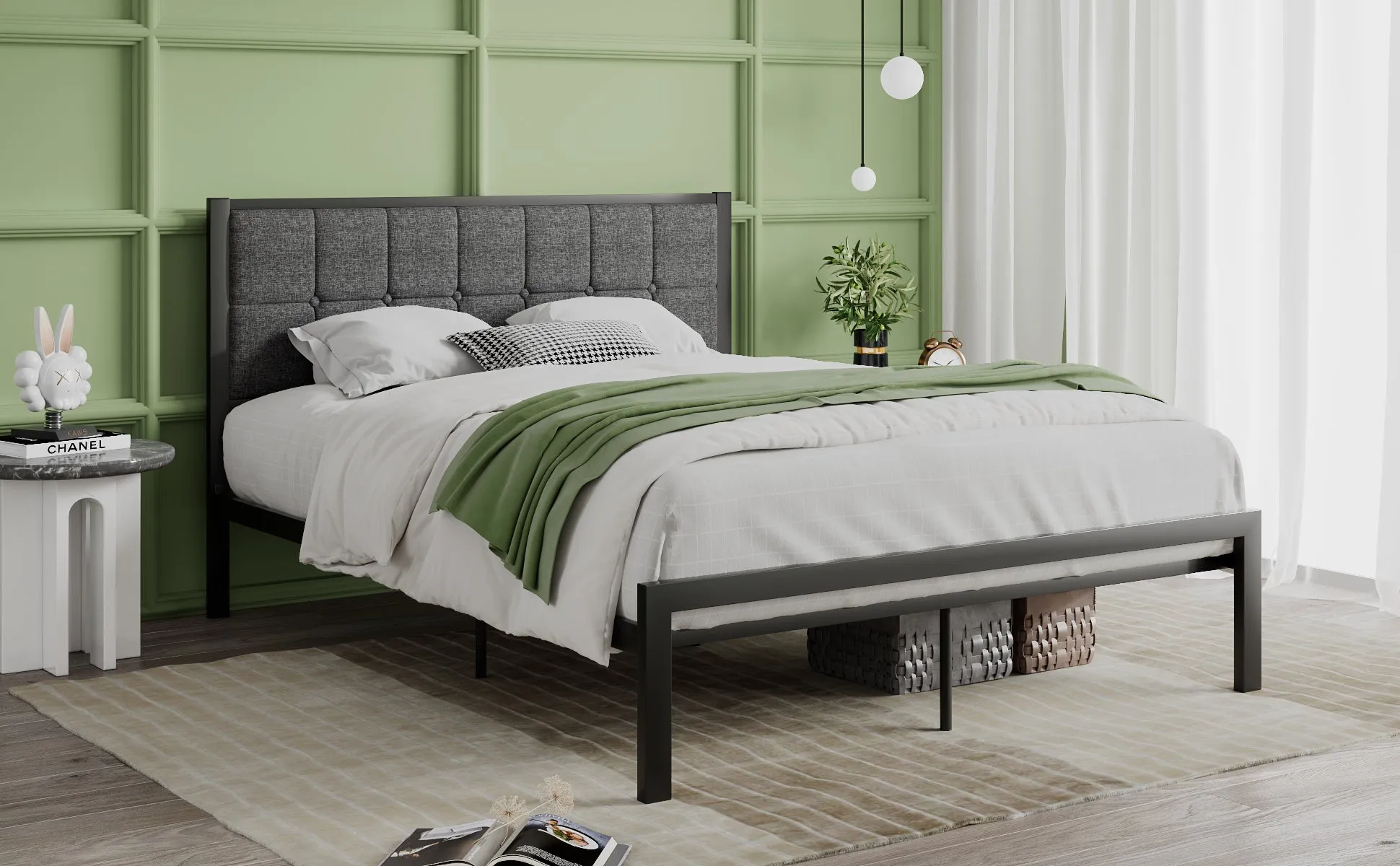 Platform Bed Frame with Upholstered Button Tufted Square Stitch Headboard